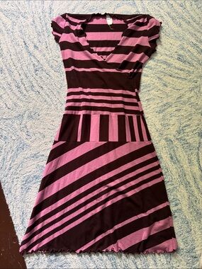 Y2K vintage pink and brown striped faux wrap stretch dress medium